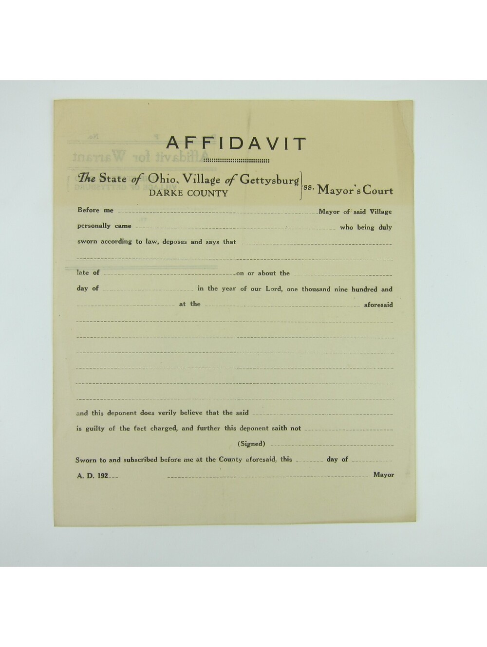 Antique 1920s Gettysburg Ohio Affidavit For Warrant Police Record Form Blank